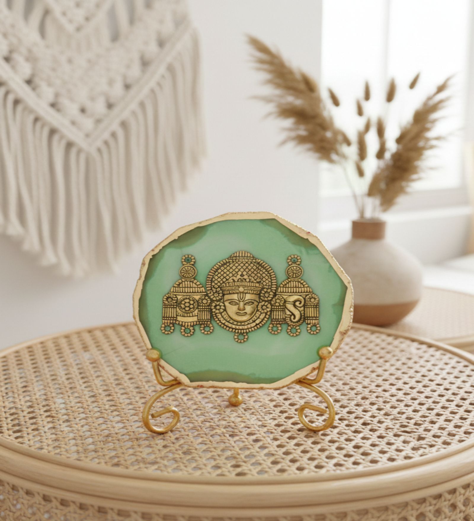 Agate Metal Venteshwar Showpiece With Metal Stand Green