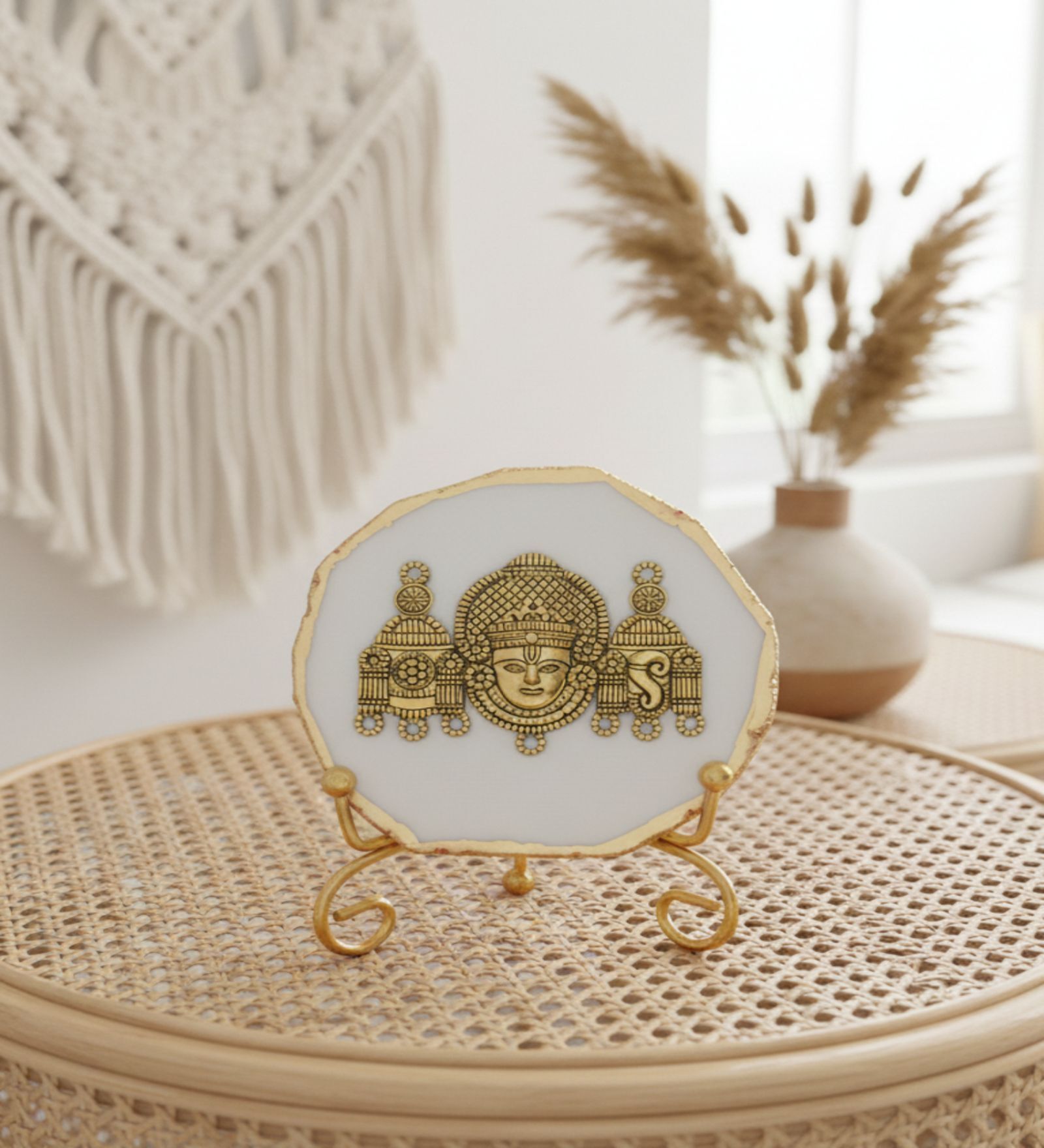 Agate Metal Venteshwar Showpiece With Metal Stand White