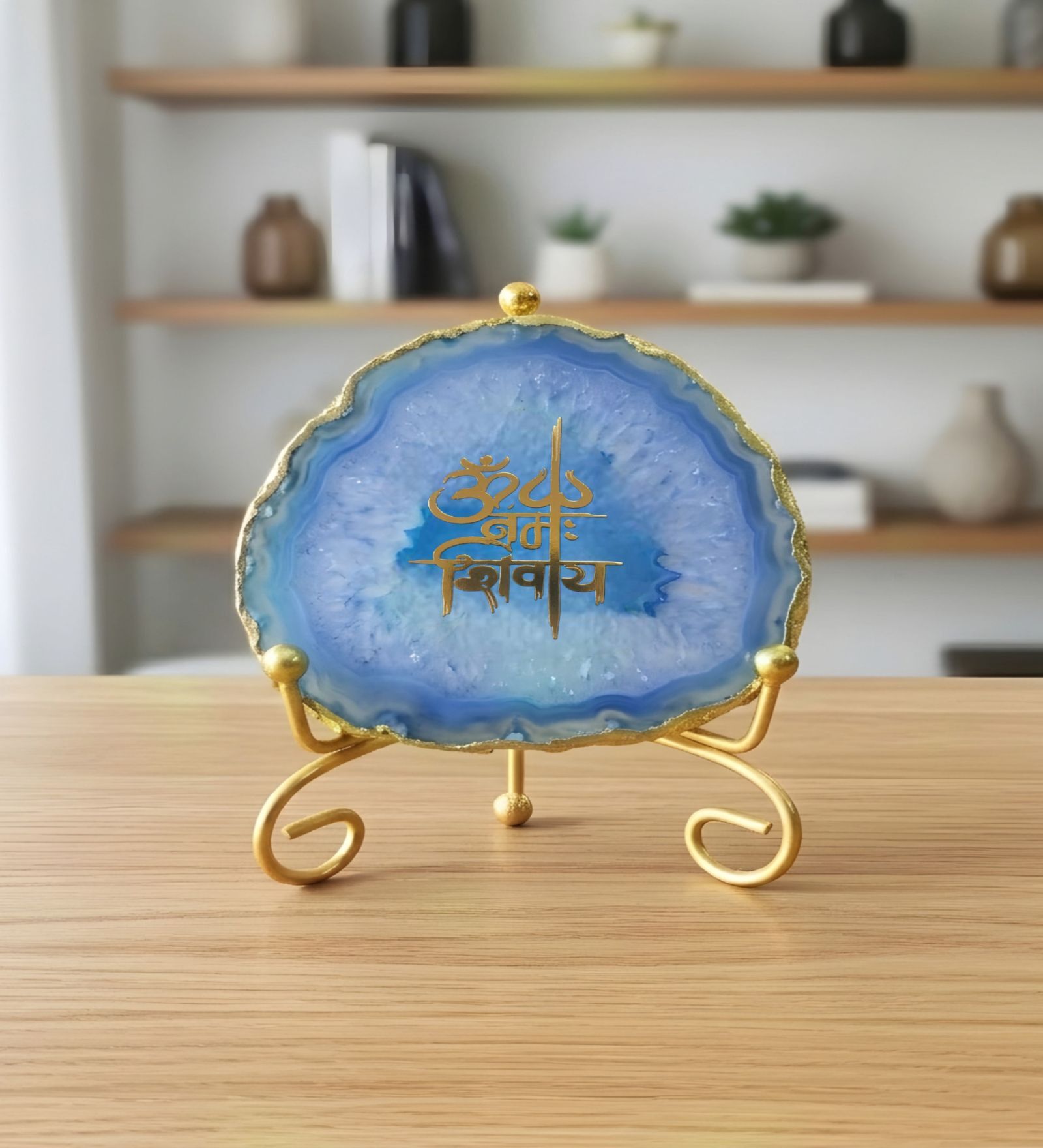 Agate Om Namah Shivay Showpiece With Metal Stand Blue