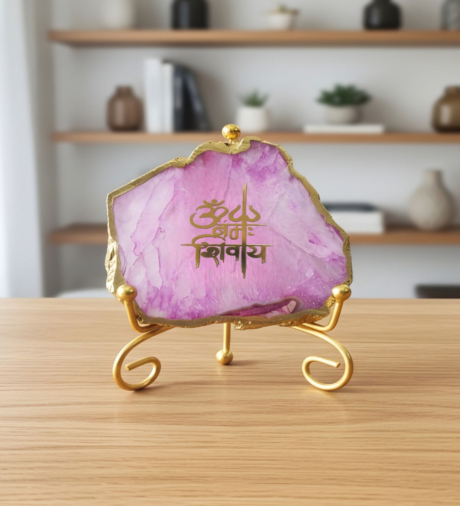 Agate Om Namah Shivay Showpiece With Metal Stand Pink