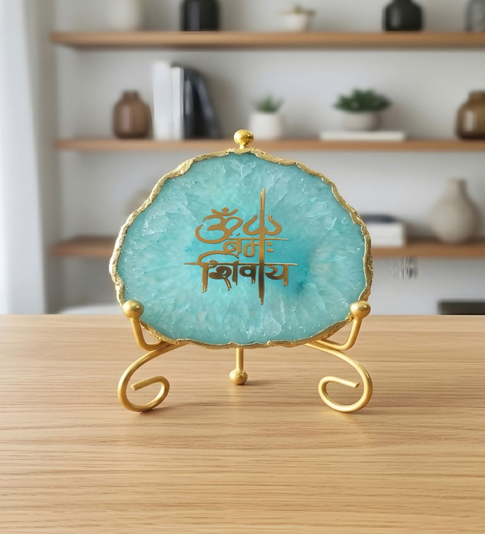 Agate Om Namah Shivay Showpiece With Metal Stand Turquoise