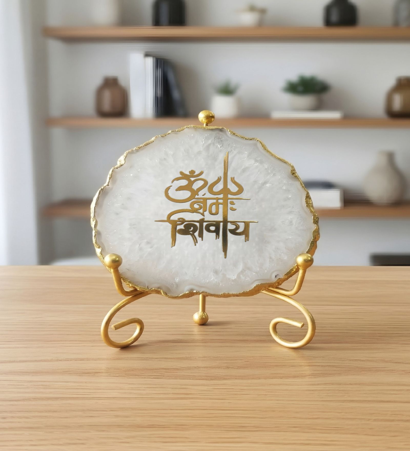 Agate Om Namah Shivay Showpiece With Metal Stand White