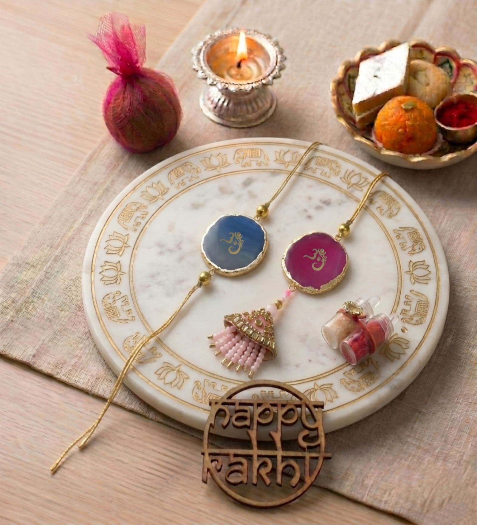 Agate Pink Blue Om Lumba Rakhi Set With Roli Chawal and Nariyal With Gift Box