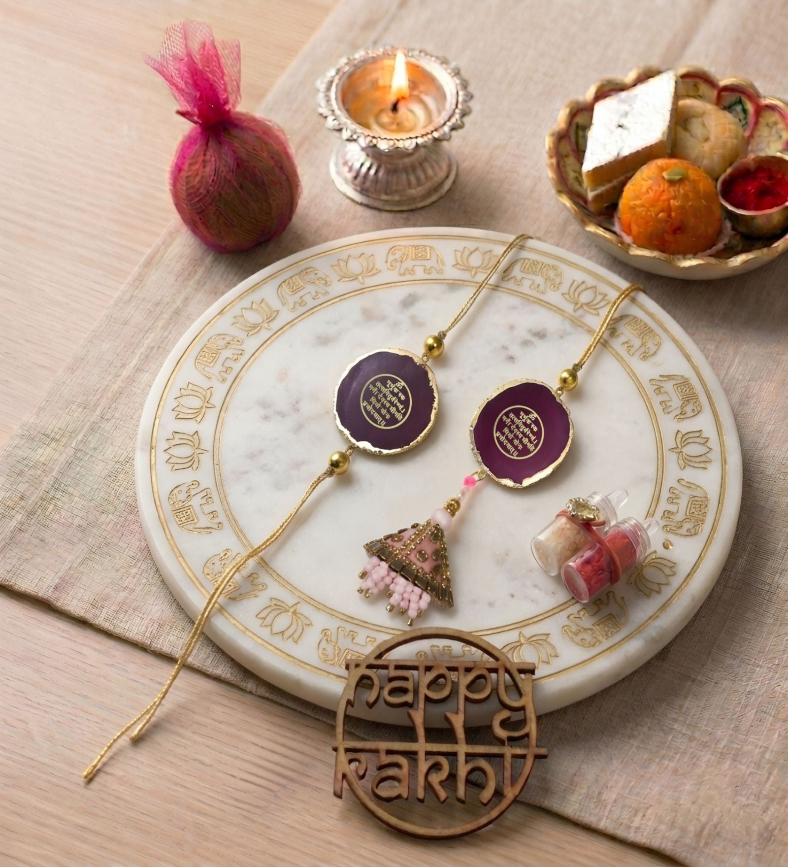 Agate Pink Gaytri Mantra Lumba Rakhi Set With Roli Chawal and Nariyal With Gift Box