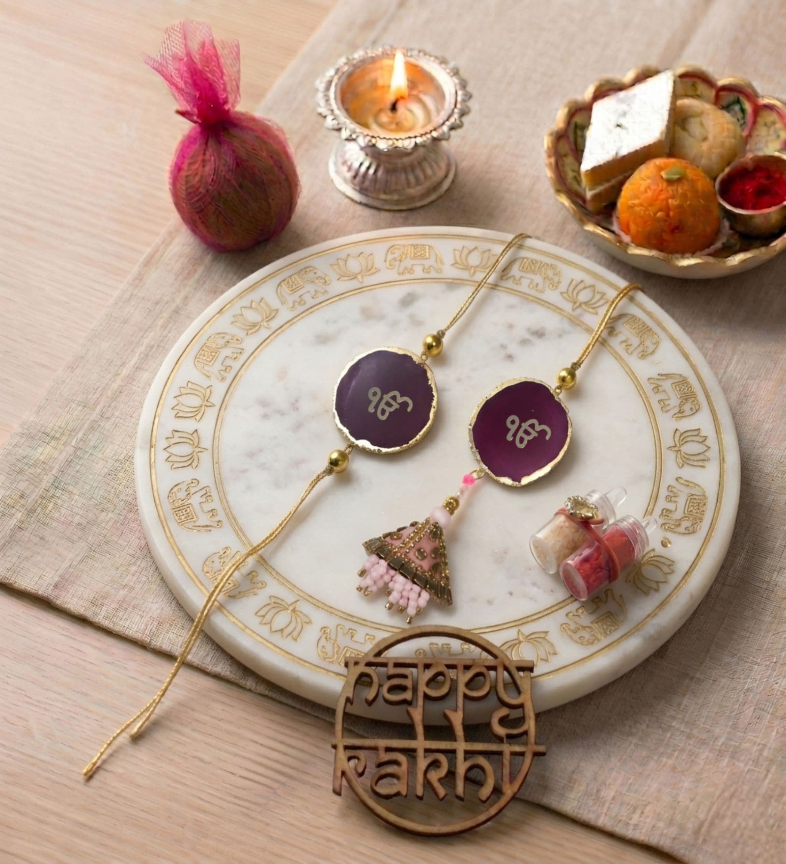 Agate Pink Ik Onkar Lumba Rakhi Set With Roli Chawal and Nariyal With Gift Box