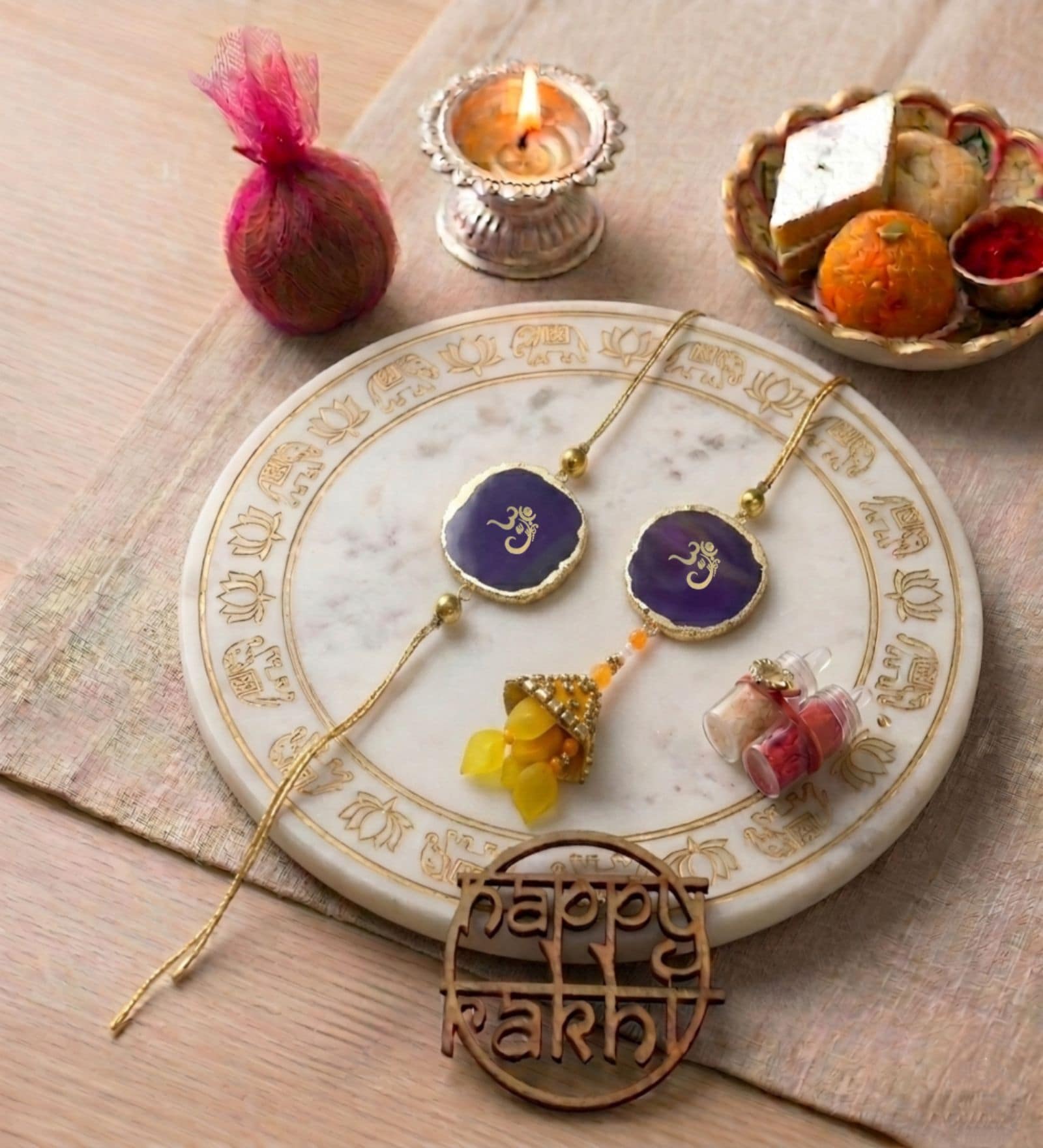 Agate Purple Om Lumba Rakhi Set With Roli Chawal and Nariyal With Gift Box