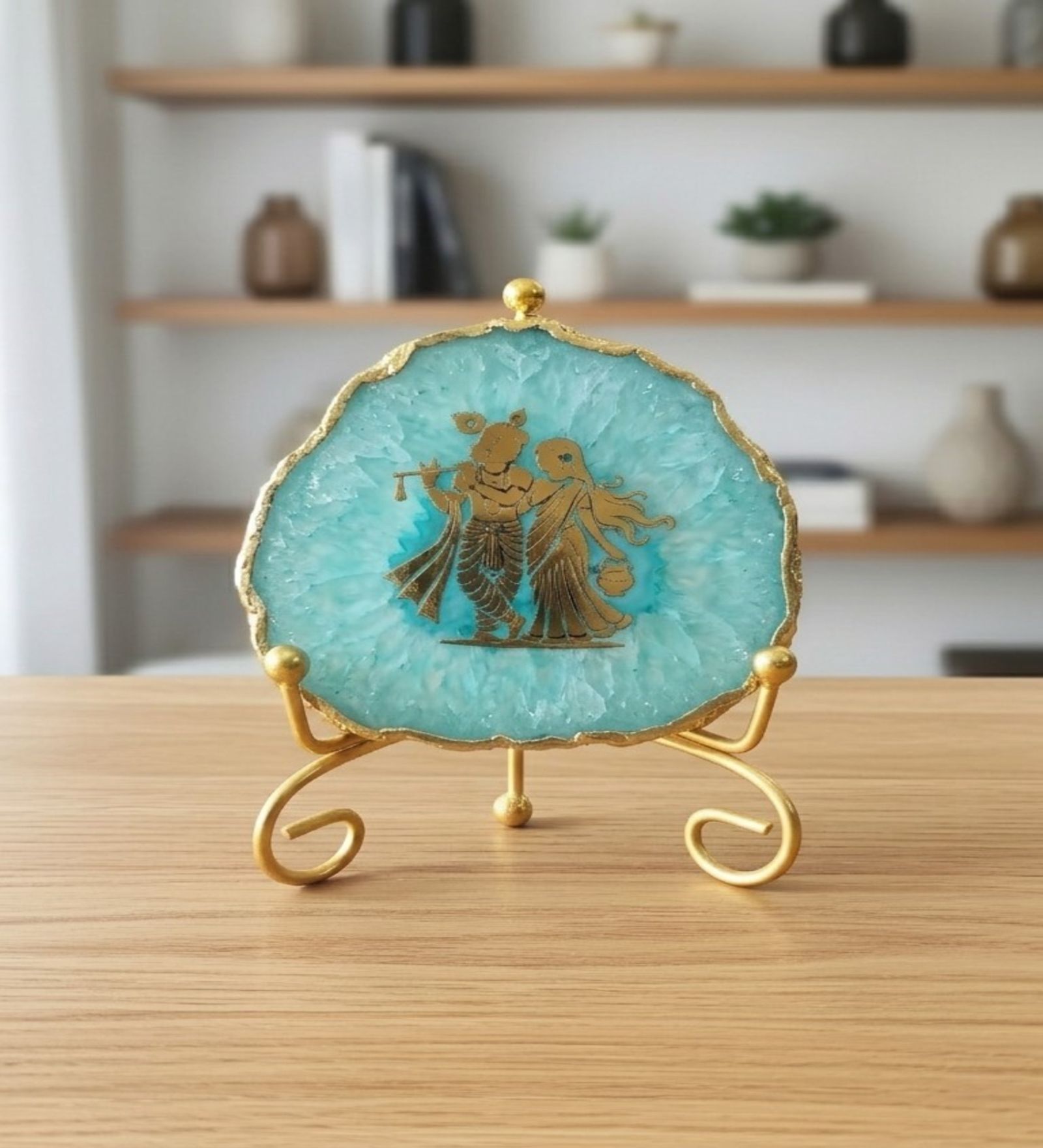 Agate Radha Krishna Showpiece With Metal Stand Turquoise