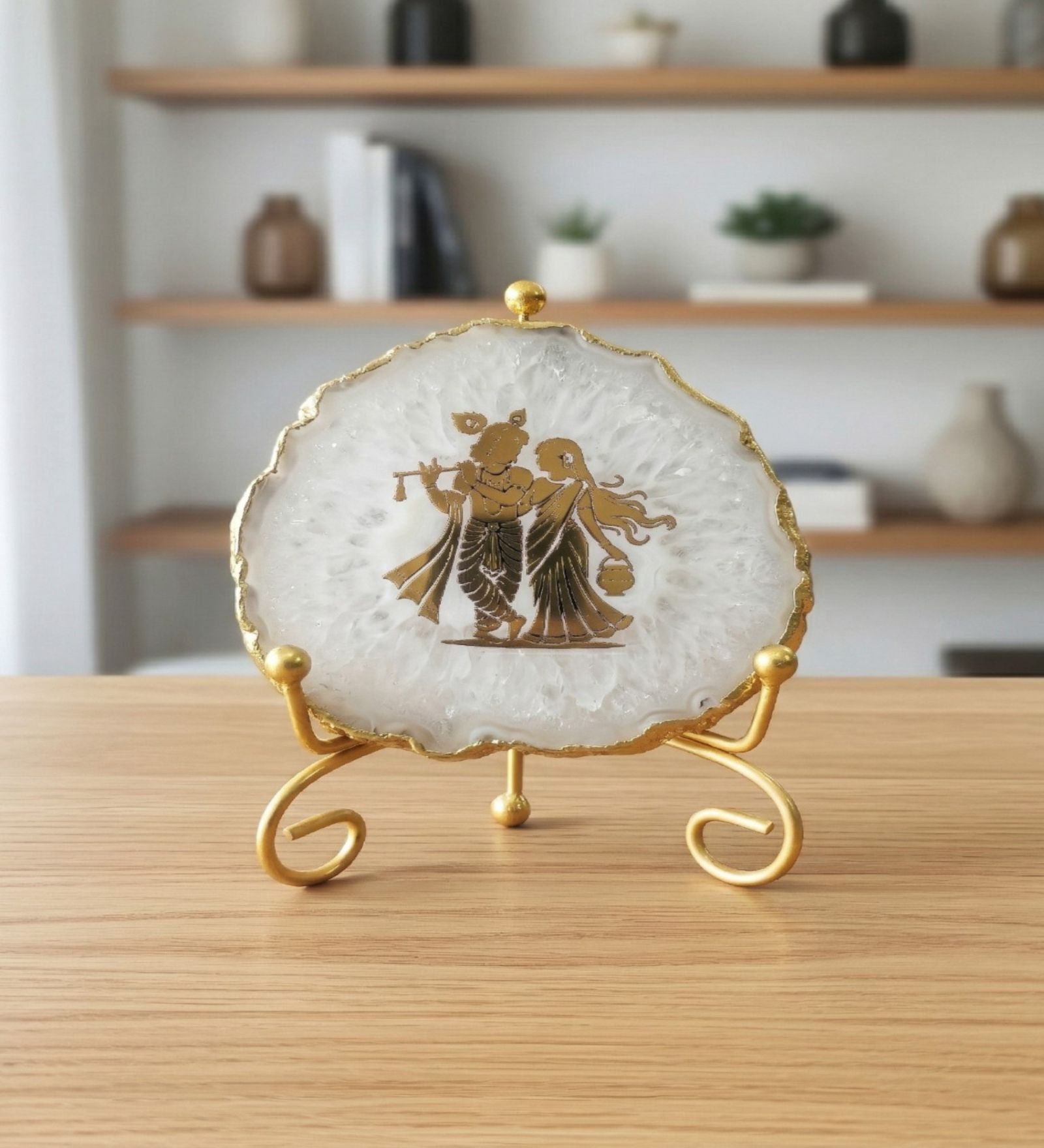 Agate Radha Krishna Showpiece With Metal Stand White