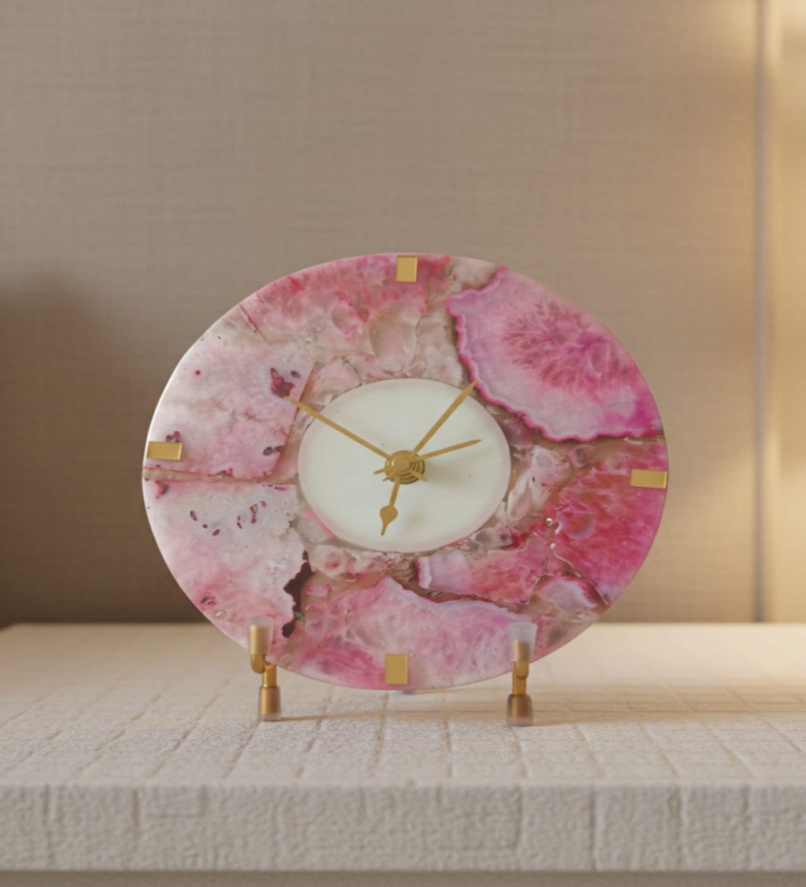 Agate Round Pink Color Desk Clock With Metal Stand