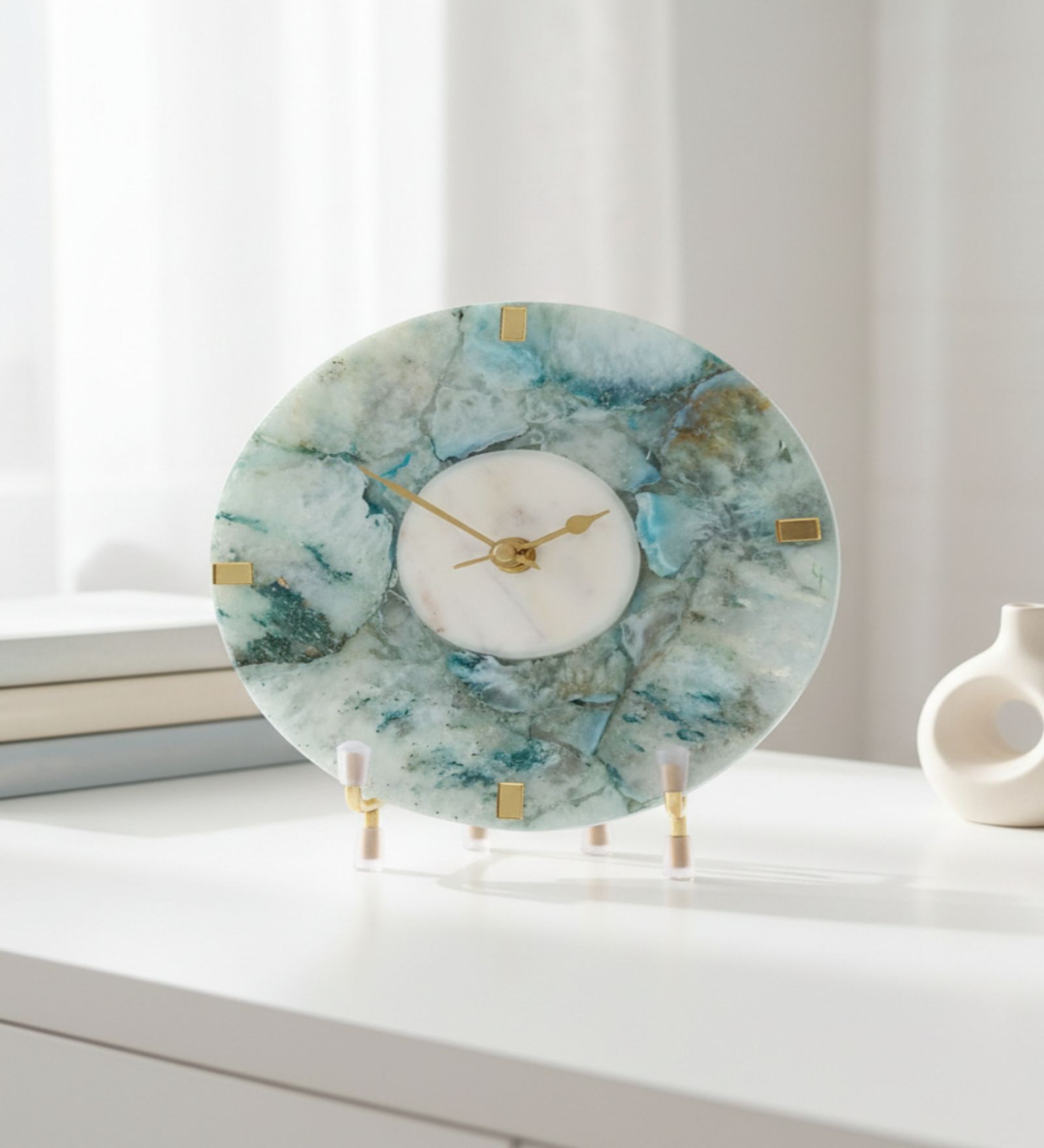 Agate Round Turquoise Color Desk Clock With Metal Stand