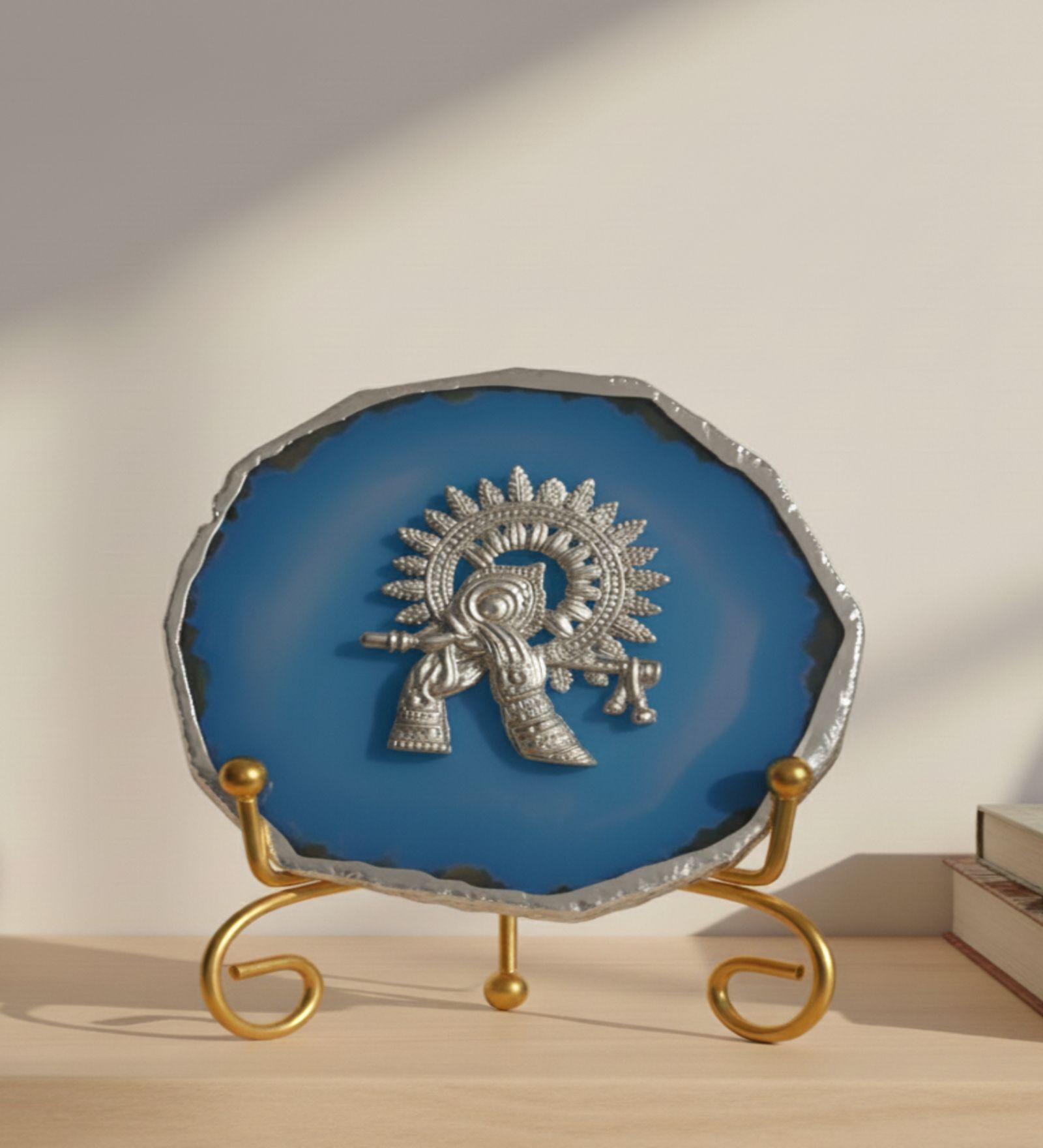 Agate Silver Metal Krishna Showpiece With Metal Stand Blue