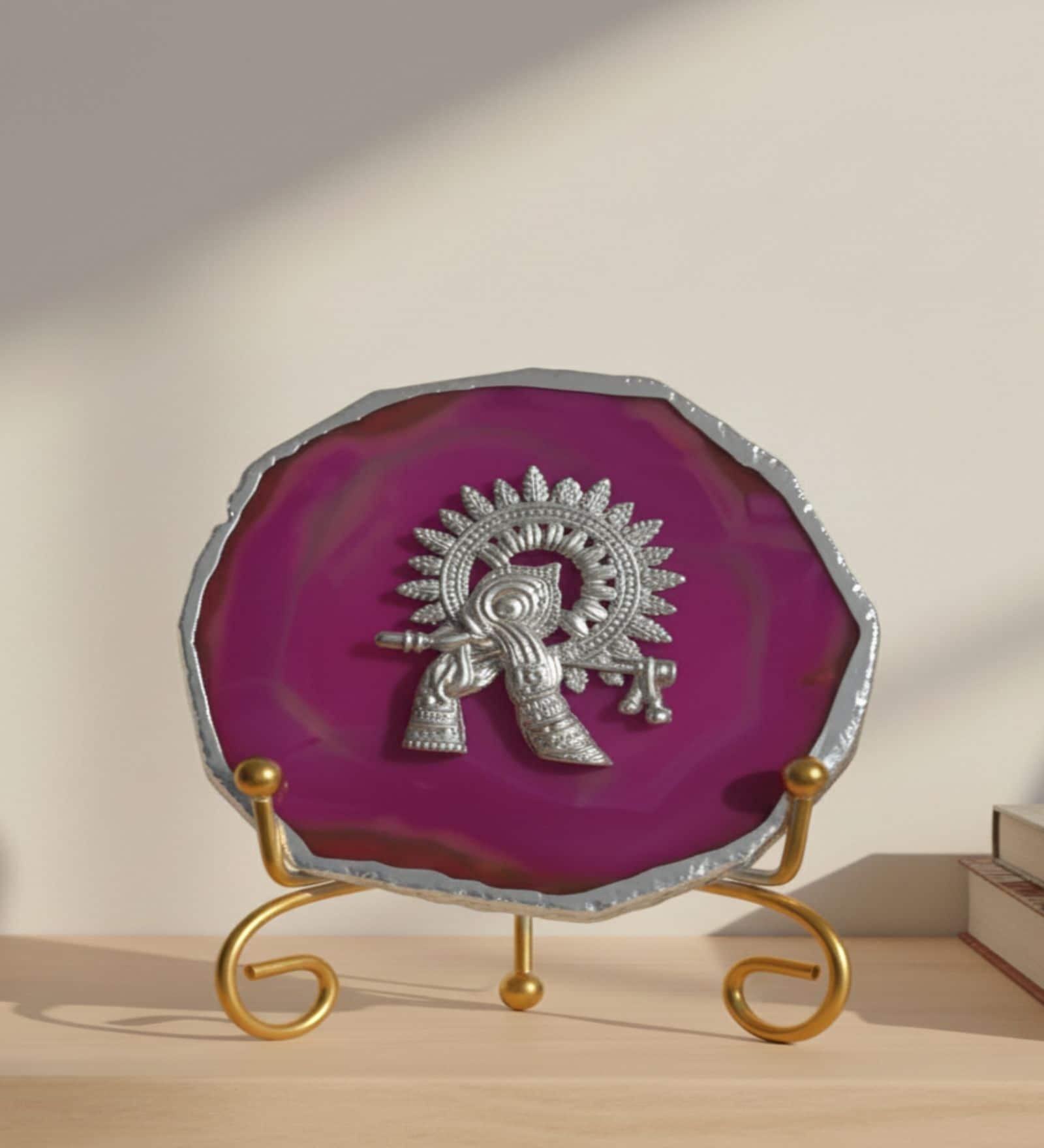 Agate Silver Metal Krishna Showpiece With Metal Stand Pink