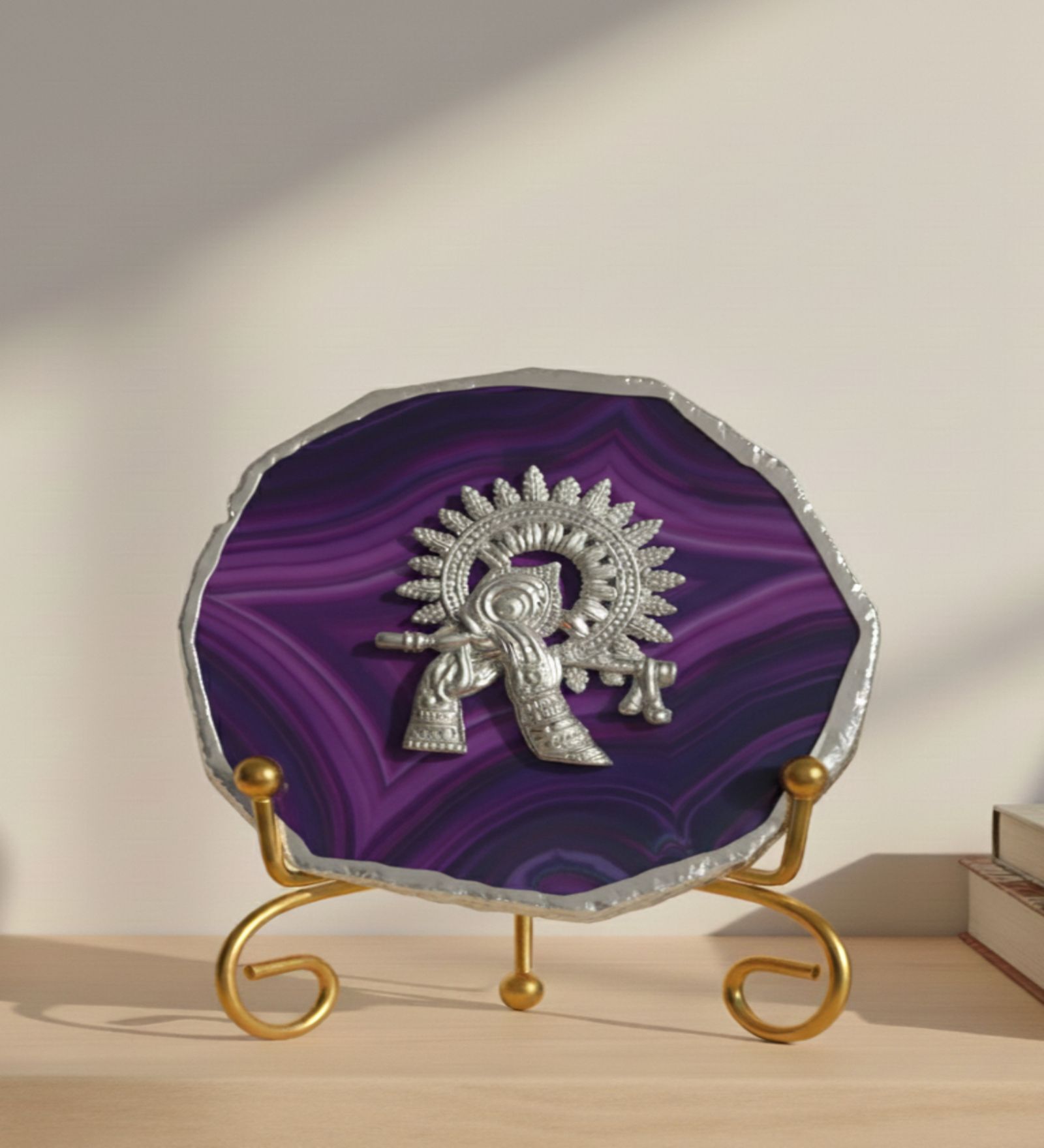 Agate Silver Metal Krishna Showpiece With Metal Stand Purple