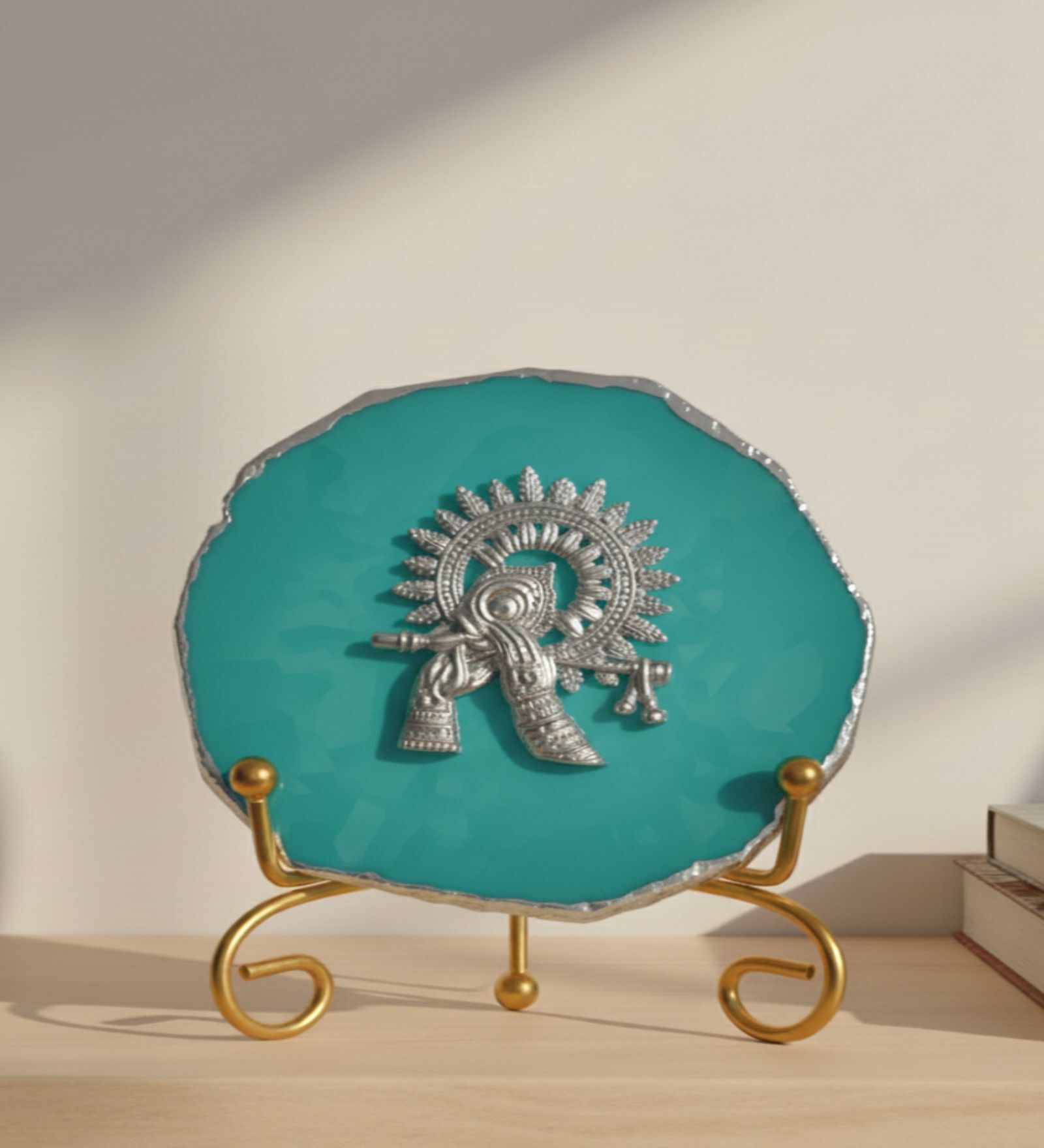 Agate Silver Metal Krishna Showpiece With Metal Stand Turquoise