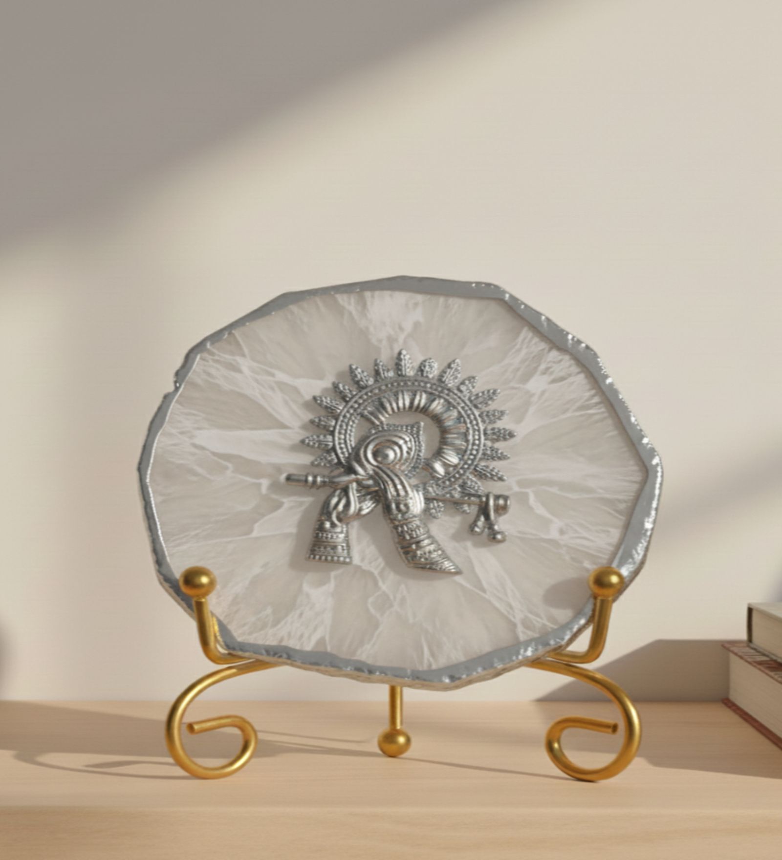 Agate Silver Metal Krishna Showpiece With Metal Stand White