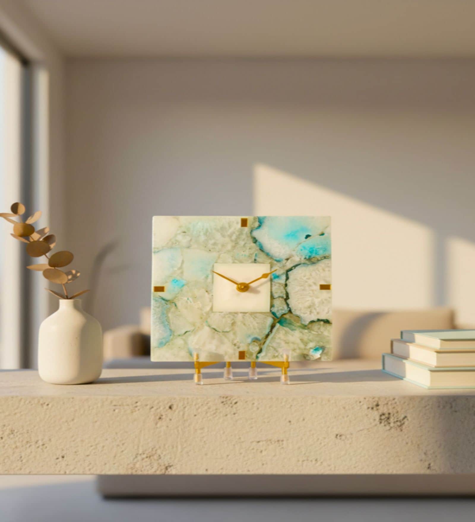 Agate Square Turquoise Color Desk Clock With Metal Stand