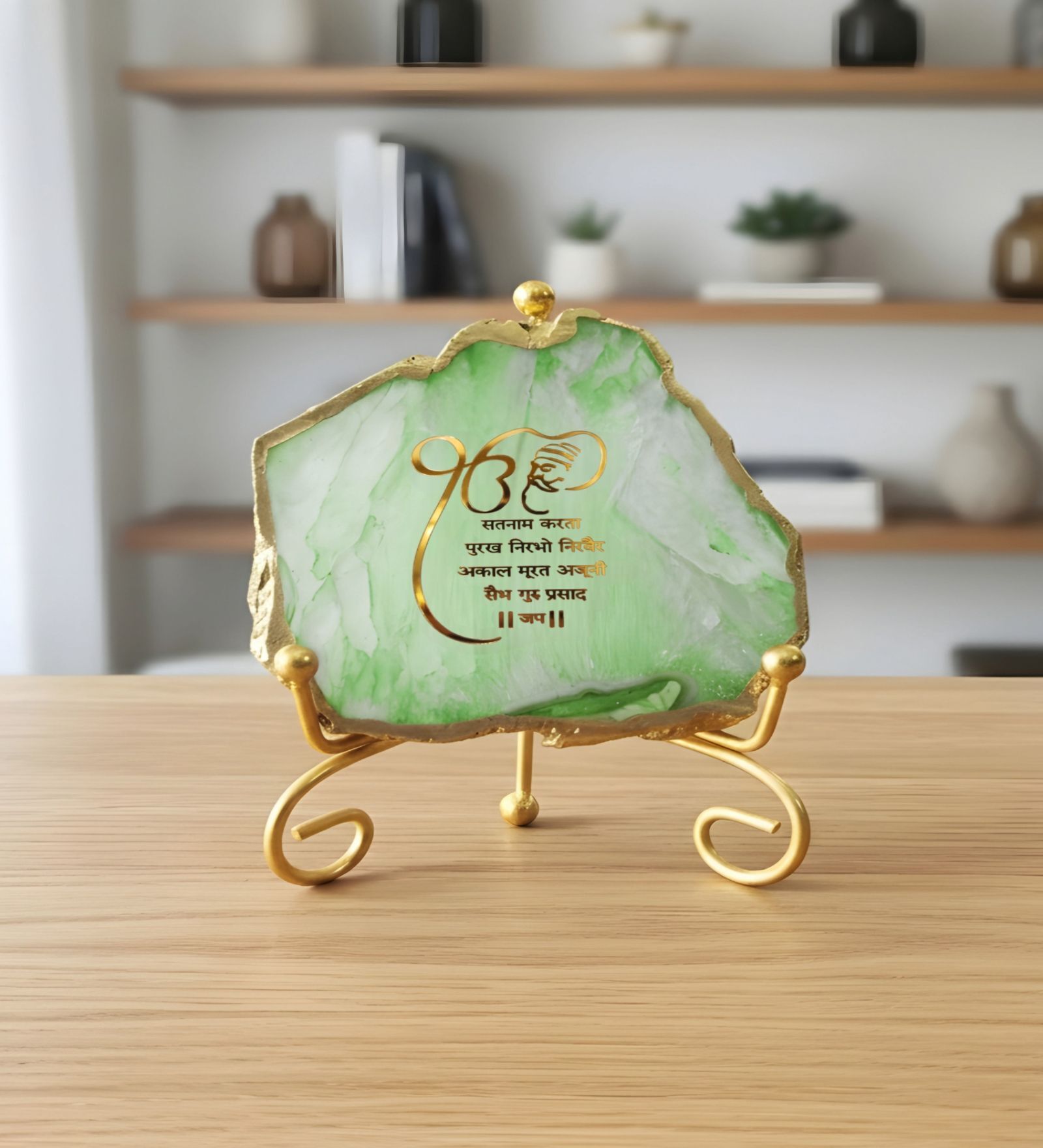 Agate Startng Of Mool Mantra Showpiece Wih Metal Stand Green