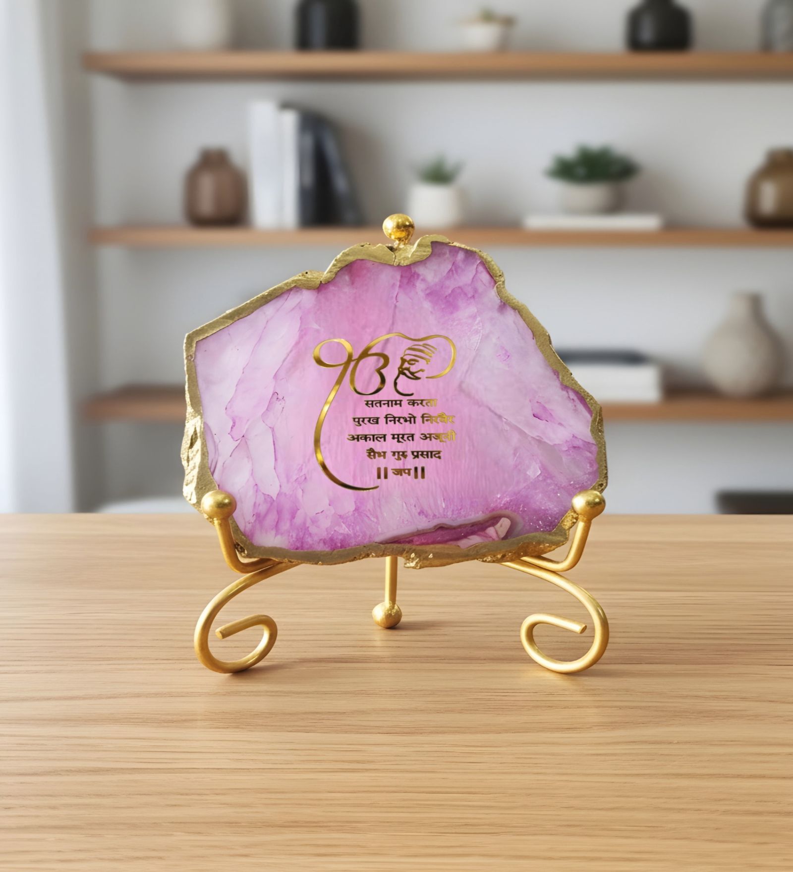 Agate Startng Of Mool Mantra Showpiece Wih Metal Stand Pink