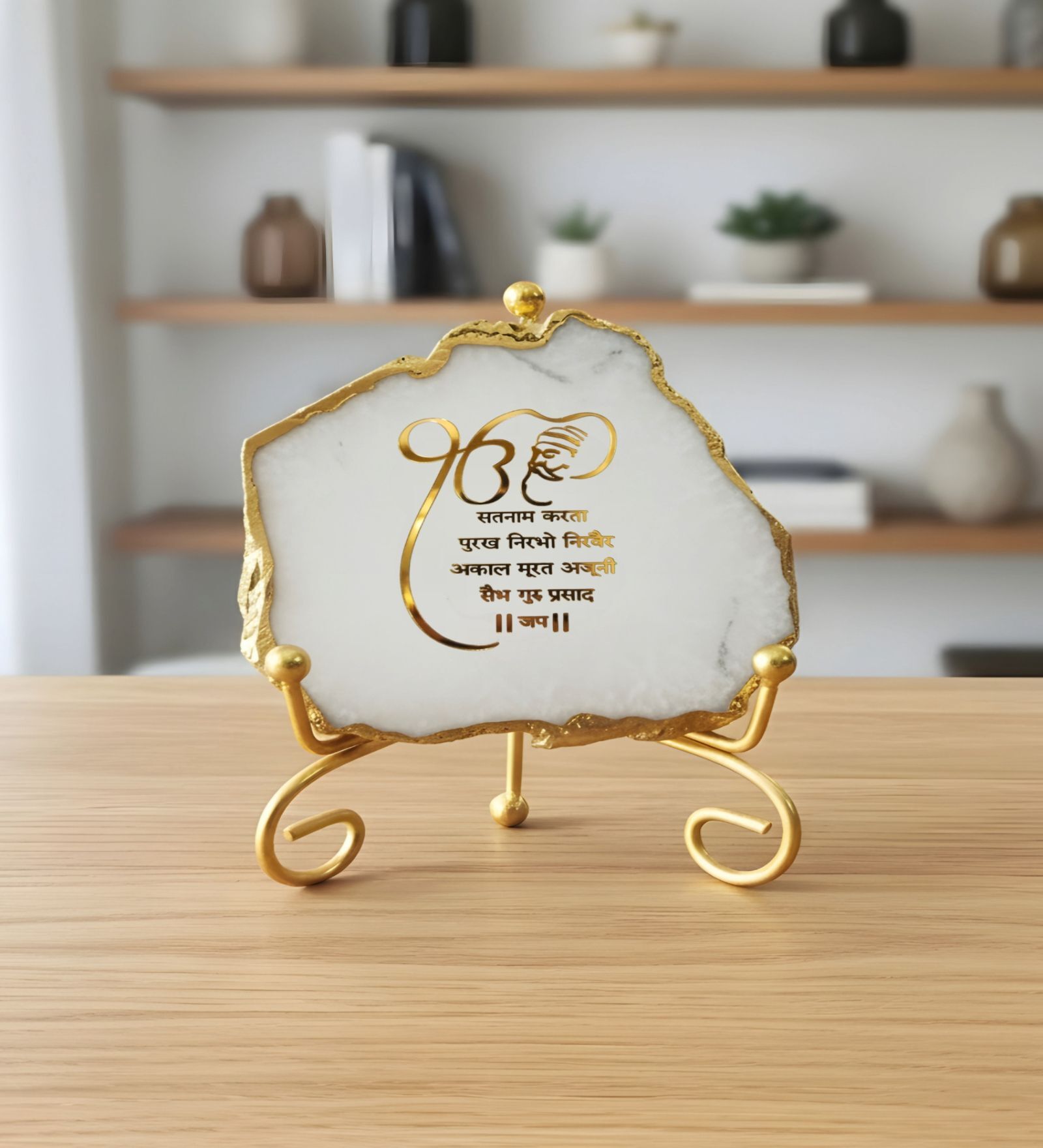Agate Startng Of Mool Mantra Showpiece Wih Metal Stand White