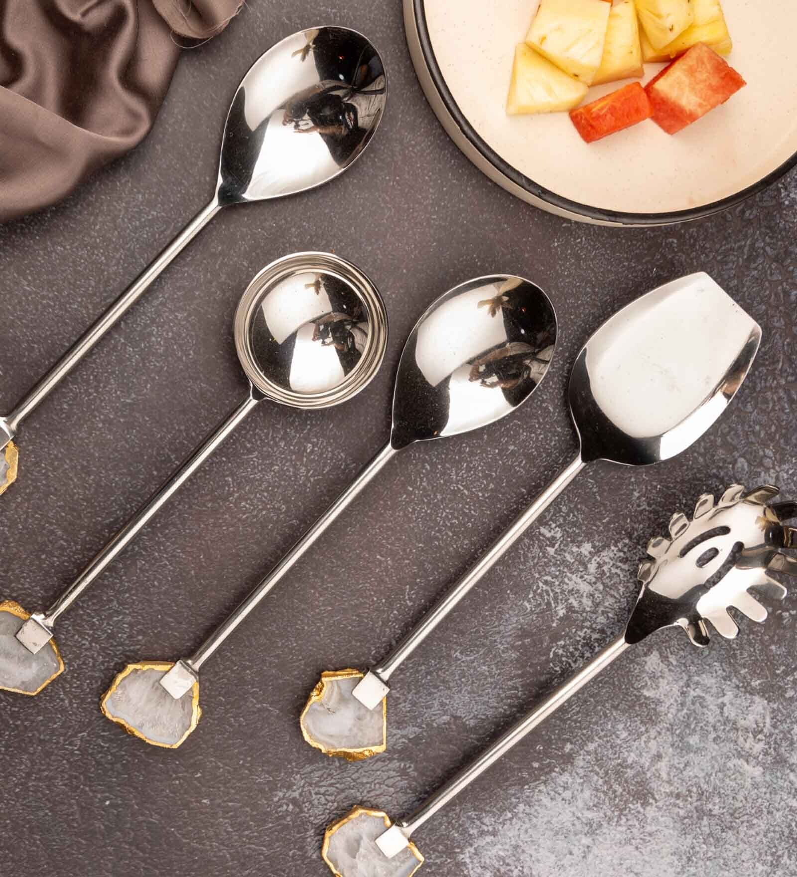 Agate with Silver Metal Cake Server Dessert Cutting Knife   White