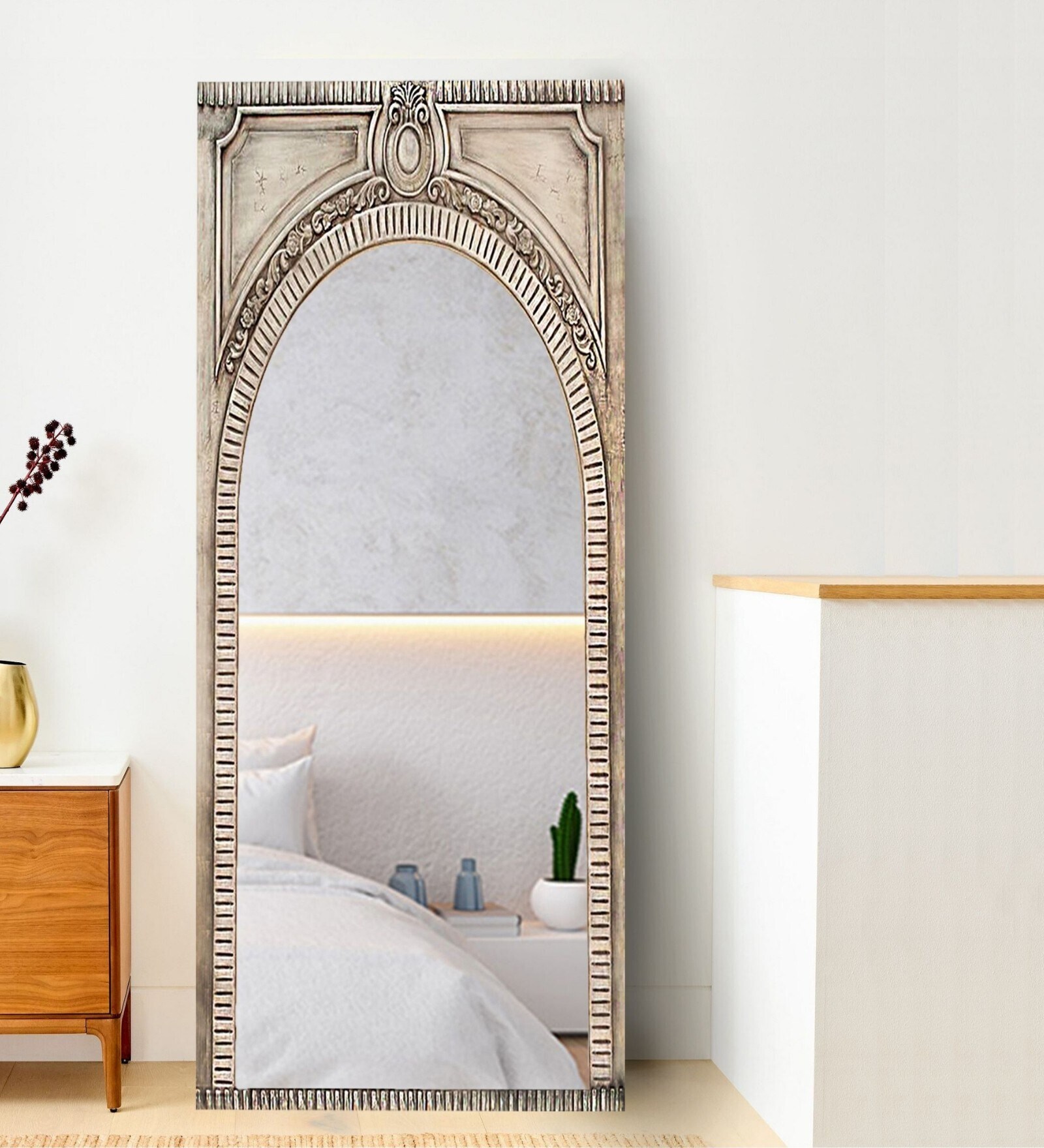 Buy Aged Grey Solid Mango Wood Victorian Arched Floor Mirror by Corsica