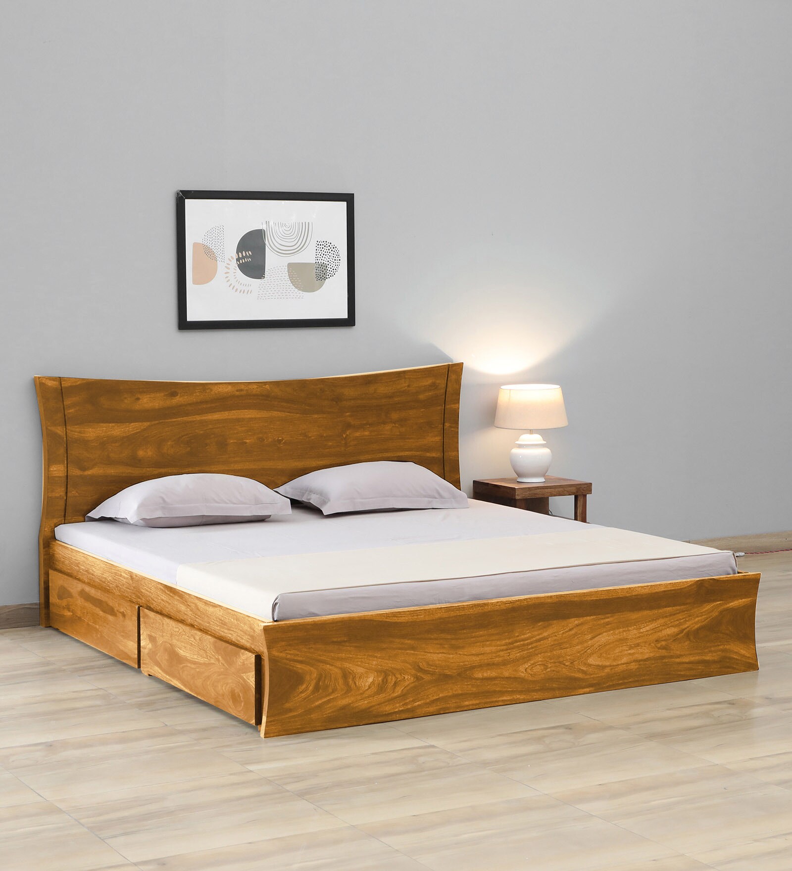 Agen Sheesham Wood King Size Bed In Rustic Teak Finish With Drawer Storage