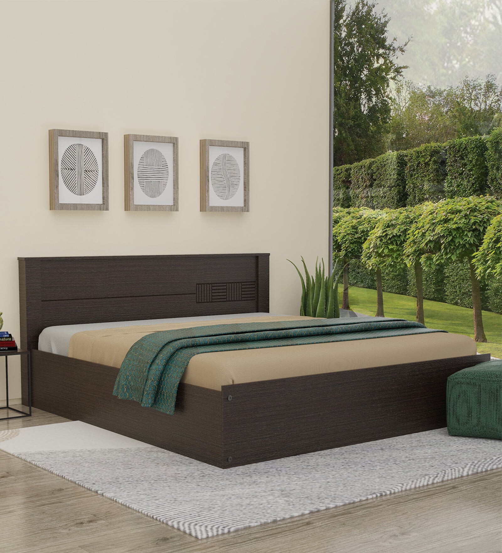 Aglaea King Size Bed With Box Storage & 1 Bedside Table In Wenge Finish