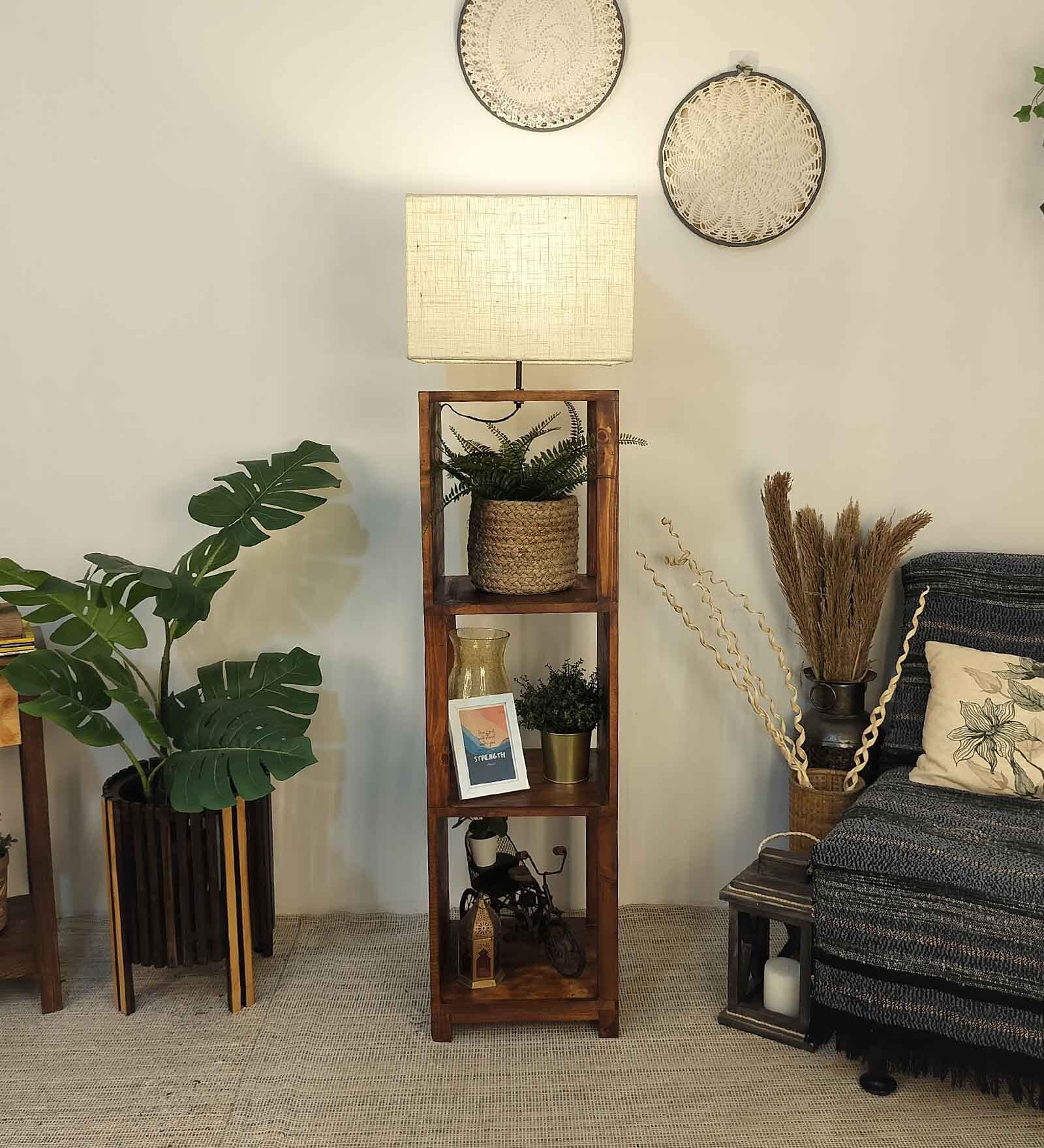 Agnes Wooden Shelf Floor Lamp with Wooden Shade & Brown Base