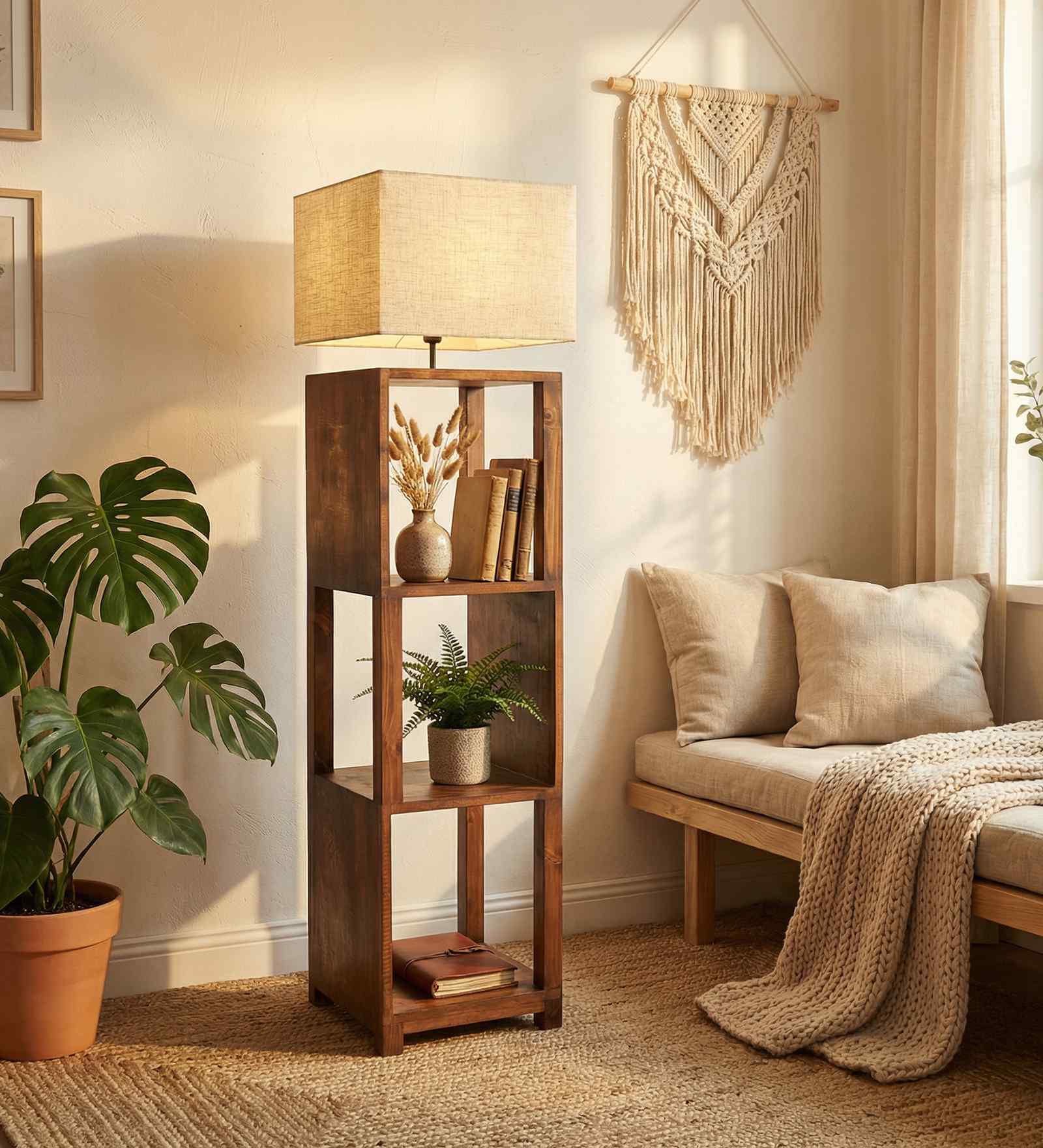 Agnes Wooden Shelf Floor Lamp with Wooden Shade & Brown Base