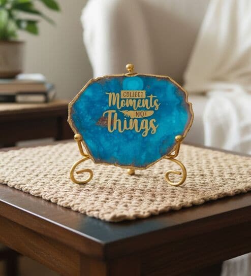 Agate Collect Moments Not Things Showpiece With Metal Stand Blue