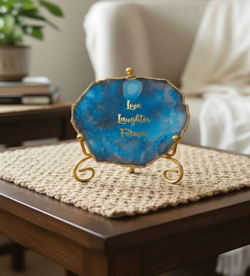 Agate Love Laughter Forever Showpiece With Metal Stand Blue