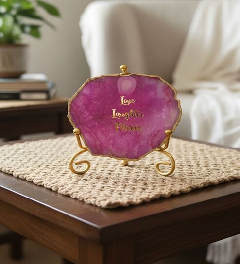 Agate Love Laughter Forever Showpiece With Metal Stand Pink