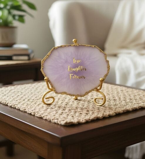 Agate Love Laughter Forever Showpiece With Metal Stand Purple