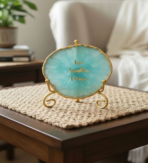 Agate Love Laughter Forever Showpiece With Metal Stand Turquoise