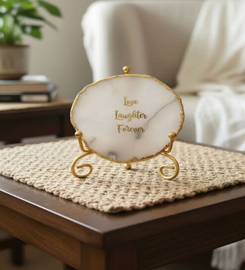 Agate Love Laughter Forever Showpiece With Metal Stand White