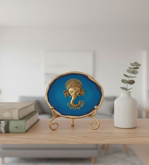 Agate Metal Ganesha Showpiece With Metal Stand Blue