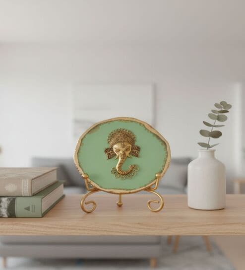 Agate Metal Ganesha Showpiece With Metal Stand Green
