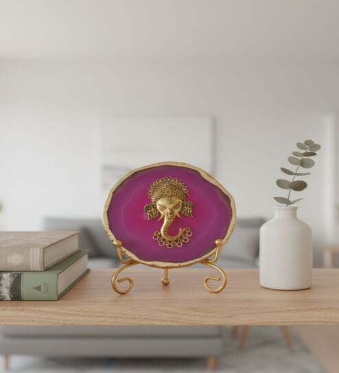 Agate Metal Ganesha Showpiece With Metal Stand Pink