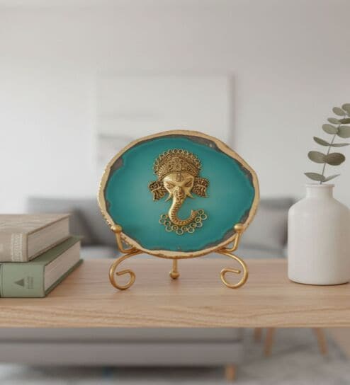 Agate Metal Ganesha Showpiece With Metal Stand Turquoise