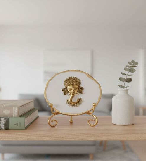 Agate Metal Ganesha Showpiece With Metal Stand White