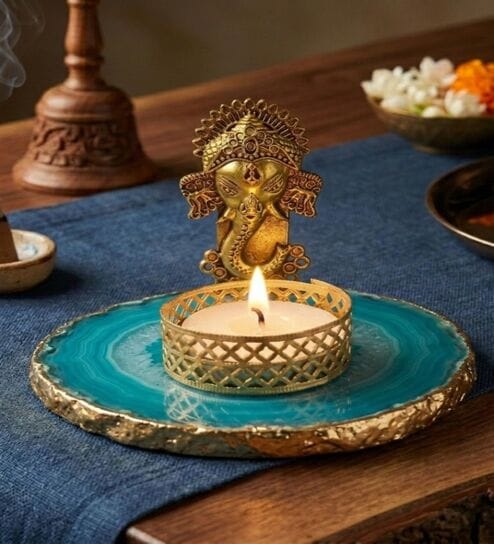 Turquoise Agate Metal Ganesha Tealight Holder