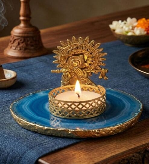 Blue Agate Metal Krishna Bansi Tealight Holder