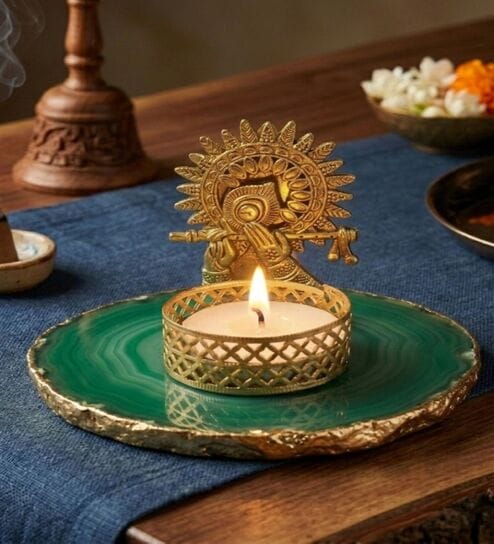 Green Agate Metal Krishna Bansi Tealight Holder