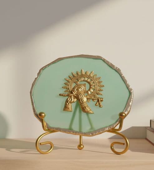 Agate Metal Krishna Showpiece With Metal Stand Green