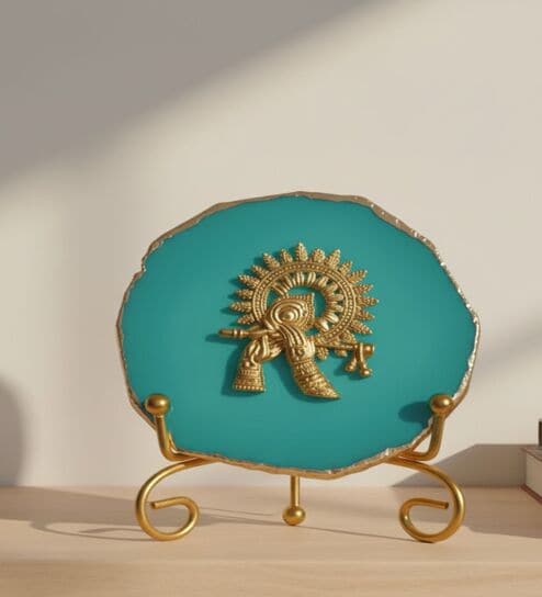 Agate Metal Krishna Showpiece With Metal Stand Turquoise