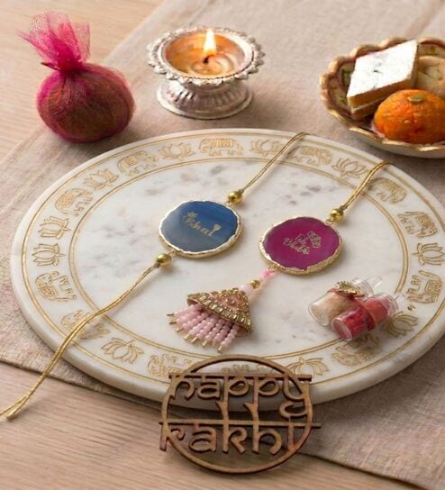 home arte Agate Pink Blue Bhai Bhabhi Lumba Rakhi Set With Roli Chawal and Nariyal With Gift Box-picture-30