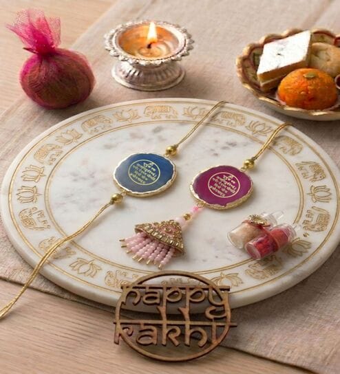 Agate Pink Blue Gaytri Mantra Lumba Rakhi Set With Roli Chawal and Nariyal With Gift Box-image-47