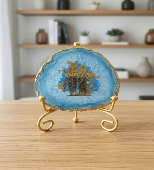 Agate Radha Krishna Showpiece With Metal Stand Blue