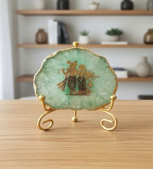 Agate Radha Krishna Showpiece With Metal Stand Green