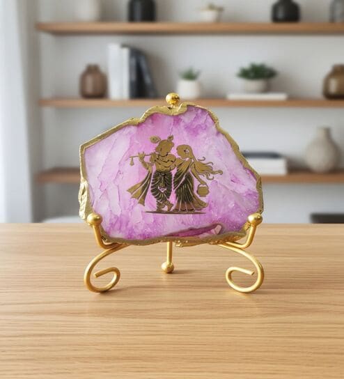 Agate Radha Krishna Showpiece With Metal Stand Pink